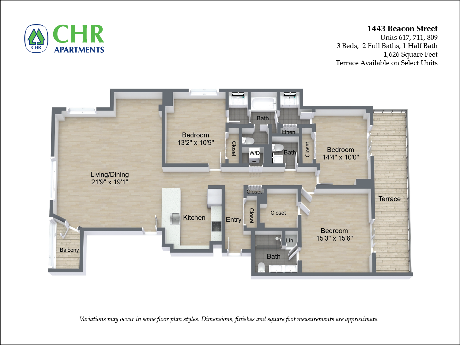 Floor plan for 3 beds, 2 baths, 1526 sqft
